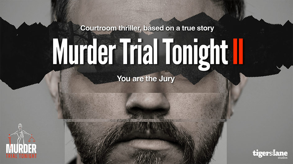 A close up image of a stern-looking man, his eyes covered by the title "Murder Trial Tonight II"
