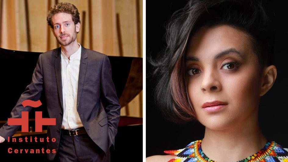 To the left a man stands in front of a grand piano, to the right a head shot of a woman with black hair wearing a colourful necklace